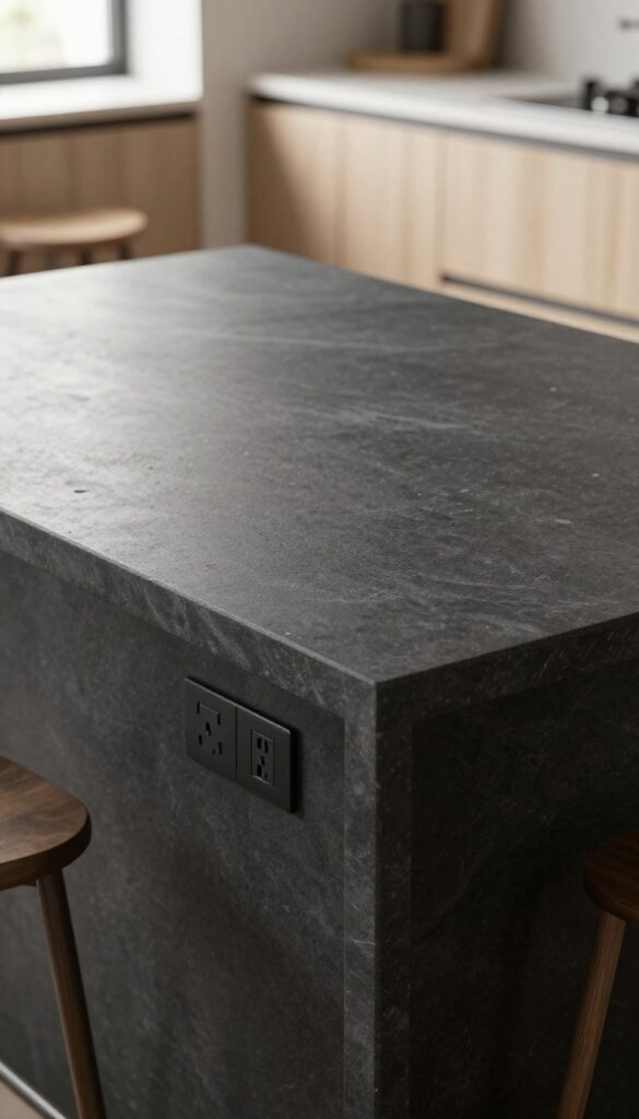 Dark soapstone kitchen island countertop with a pop-up outlet and USB hub, matte finish, natural light, modern kitchen background.