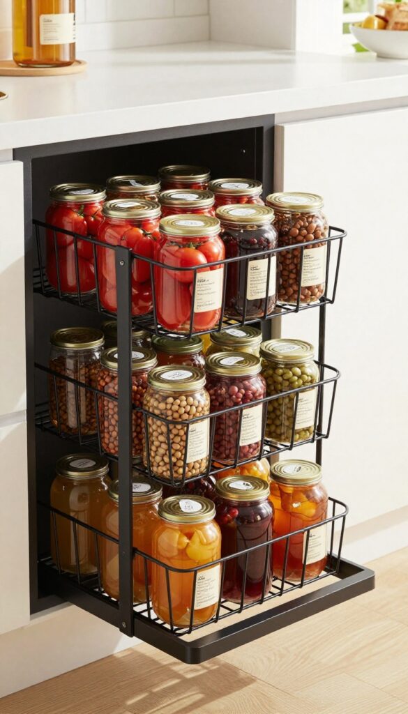 Over-the-door wire baskets filled with organized cans in a pantry