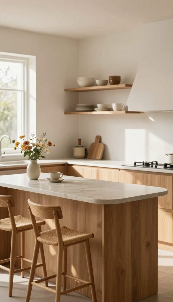 Kitchen peninsula with contrasting countertop edge, wooden stools, natural light, and fresh flowers