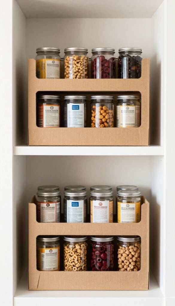 Pantry shelf with DIY cereal box risers organizing cans and jars in two tiers, warm kraft paper, natural light.