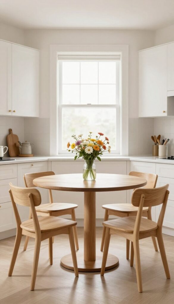 Round wooden dining table in a bright kitchen nook with natural light and white cabinetry.