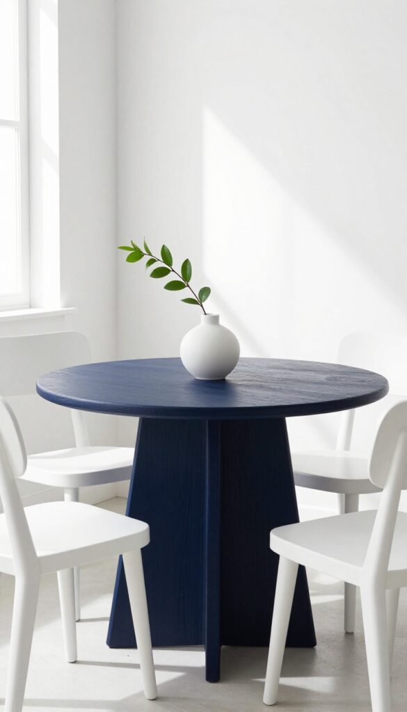 Cozy breakfast corner with a bold navy round table, white chairs, and a simple vase with greenery in natural light.