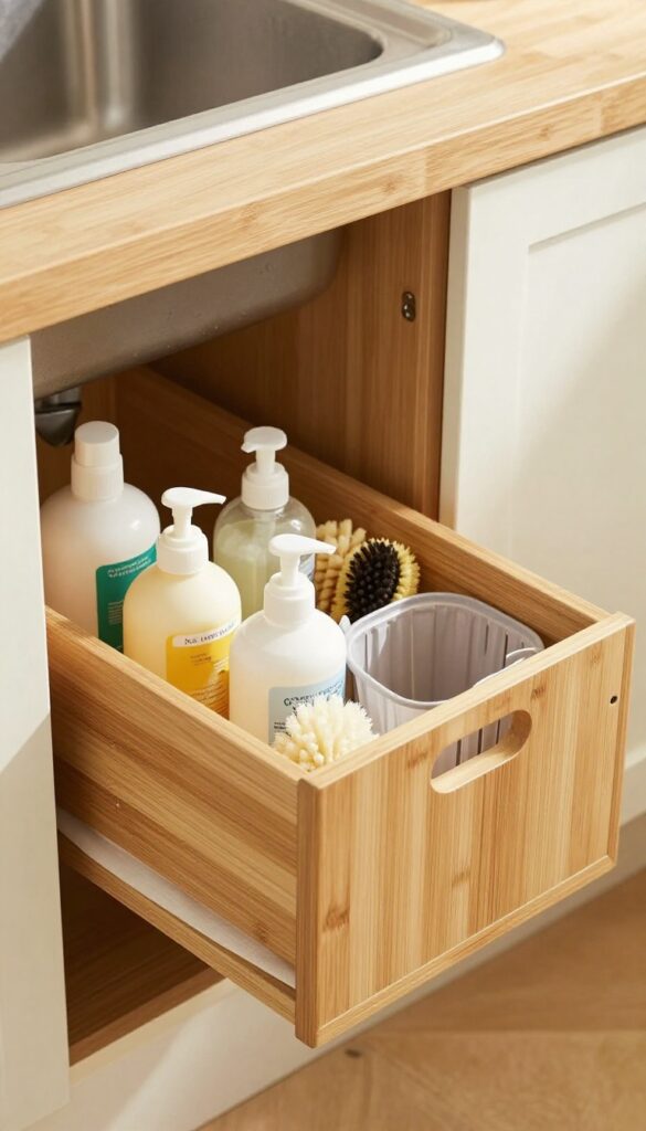 Pull-out drawer under kitchen sink with bamboo organizer and cleaning supplies