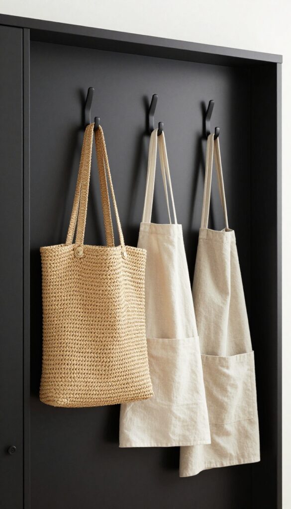 Inside of a black pantry door with matte black hooks holding a woven market bag and a cotton apron, warm natural light, clean interior design.