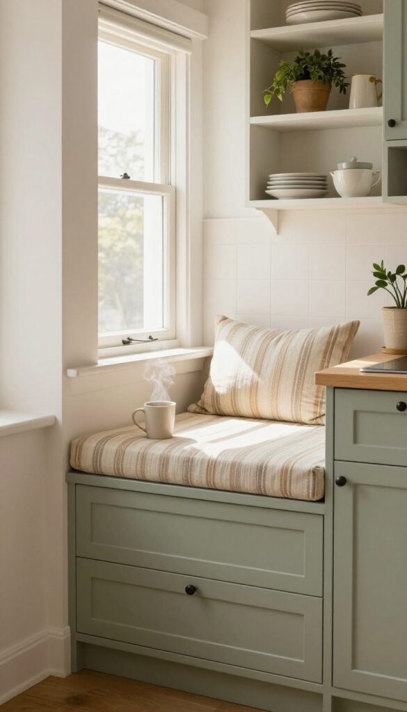 Kitchen window seat with storage below in a bright, cozy alcove