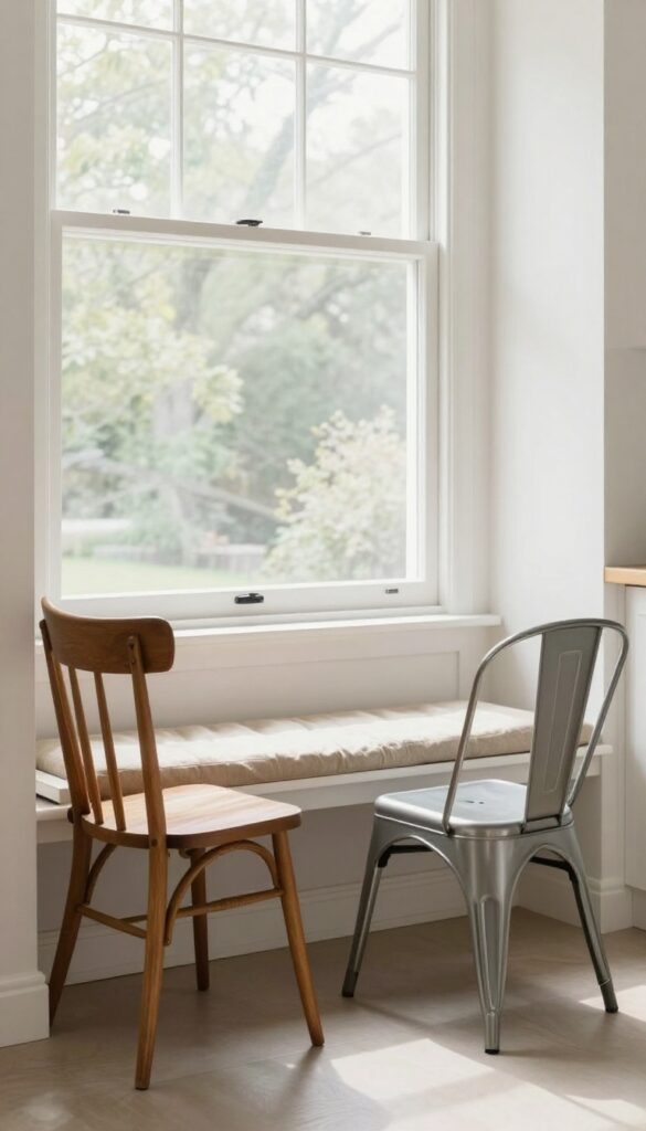 Cozy kitchen booth with built-in bench and mismatched chairs