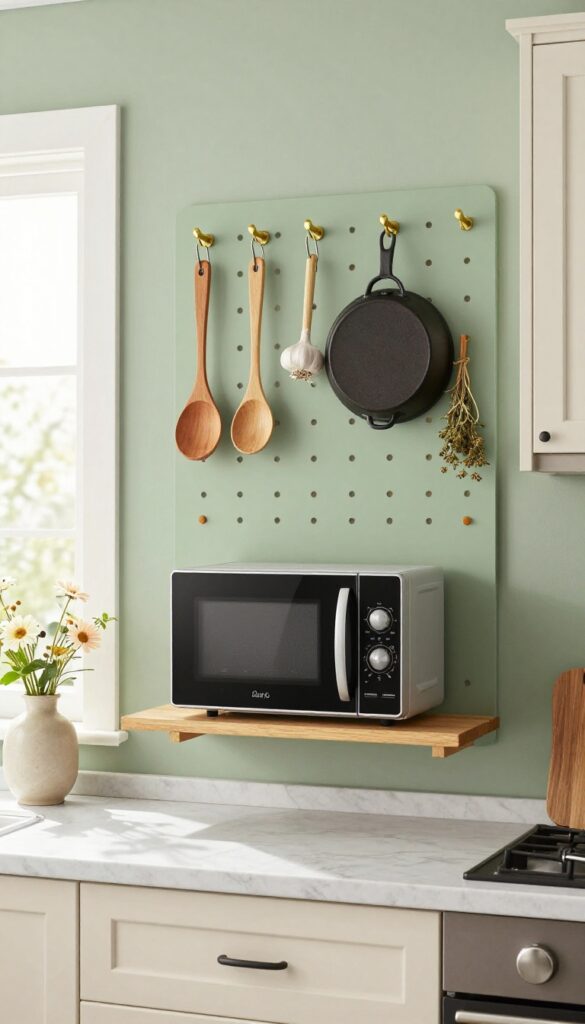 Wall-mounted pegboard station in a small kitchen with microwave on shelf, hanging utensils, and dried herbs, warm and lived-in style.