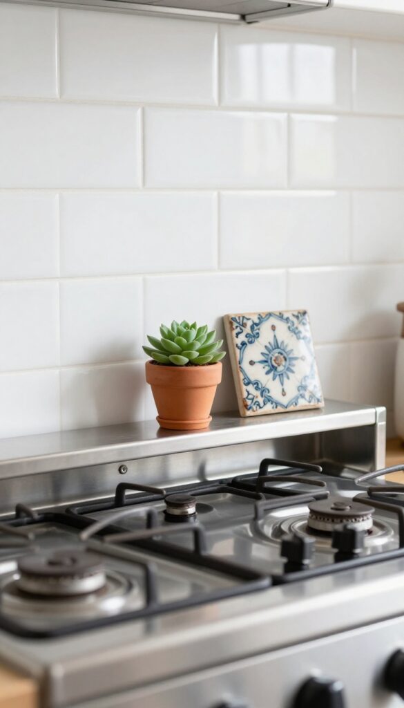 Stove backguard with a small succulent, salt cellar, and vintage tile as a display shelf