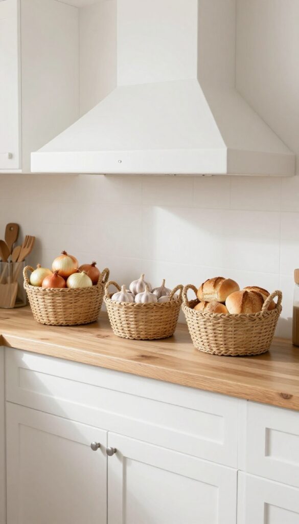 Woven baskets on top of a white farmhouse range hood storing onions, garlic, and bread rolls in a bright kitchen.