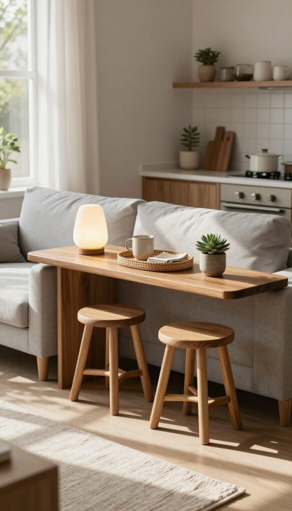 Slim console table behind sofa used as kitchen bar table with stools and decor