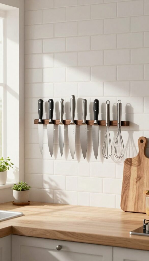 Modern farmhouse kitchen with a walnut magnetic knife strip mounted on white subway tile backsplash, holding stainless steel knives and utensils.