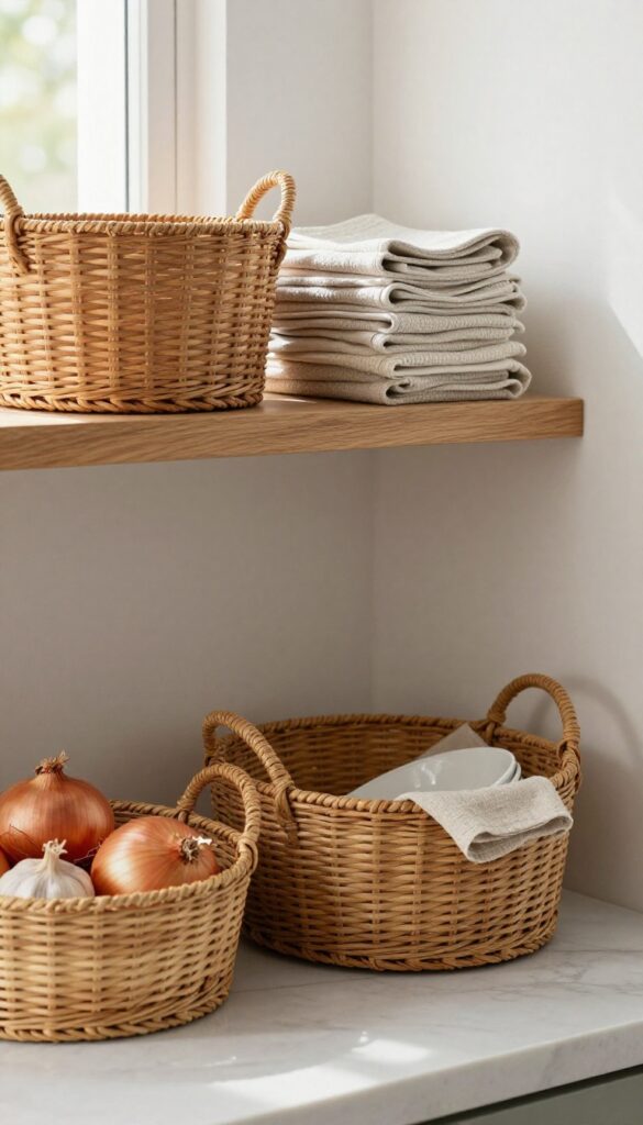Kitchen wall shelf with mixed open baskets storing produce and linens, natural light, cozy texture