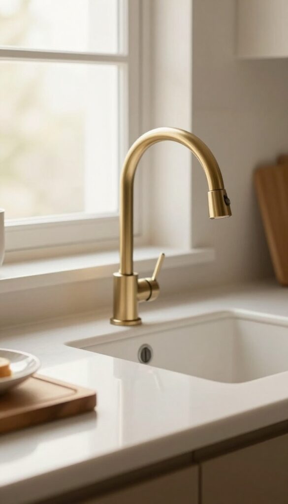 Close-up of a brushed brass gooseneck faucet in a warm, cozy kitchen sink area with natural light and simple decor.