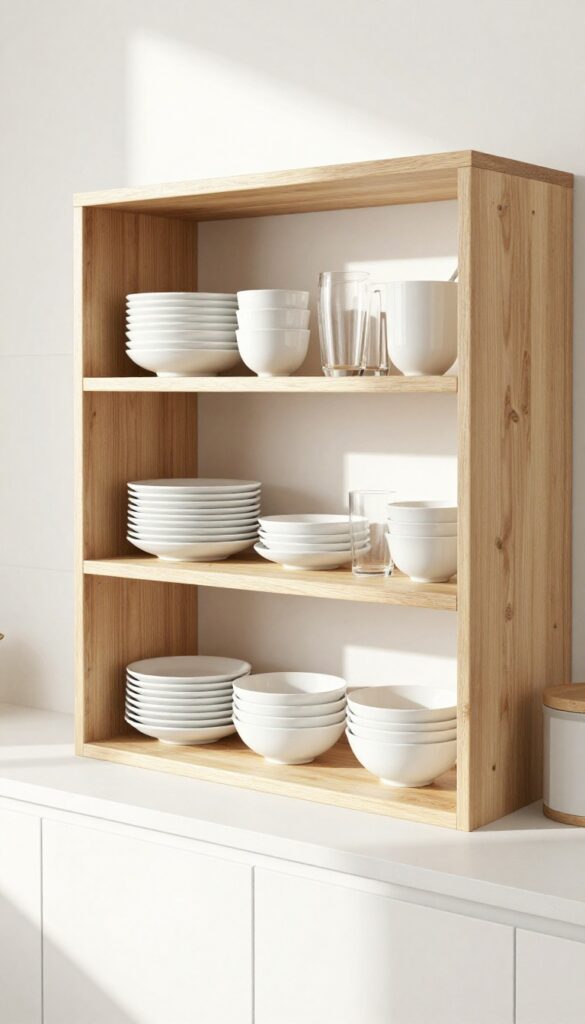 Kitchen island with open shelving displaying neatly arranged white dishes and glasses