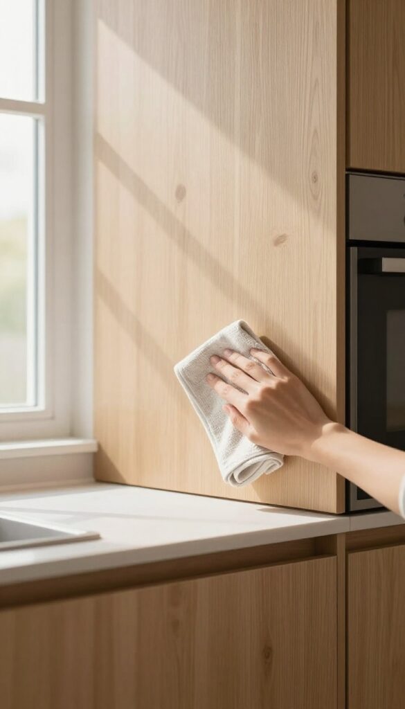 Person wiping kitchen cabinet with microfiber cloth in bright natural light
