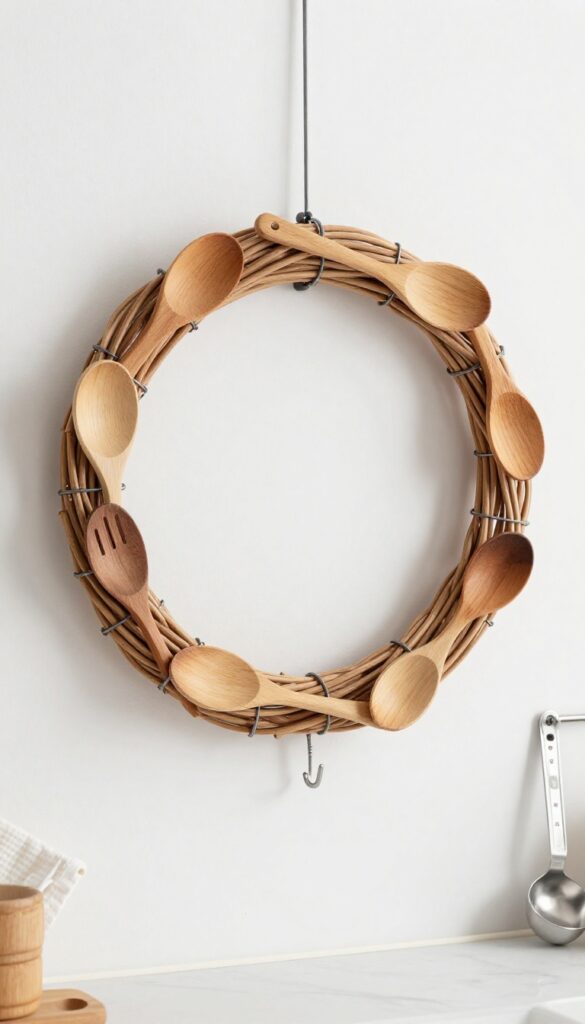 Utensil wreath with built-in hooks hanging on a kitchen wall, holding a dish towel and measuring spoons.