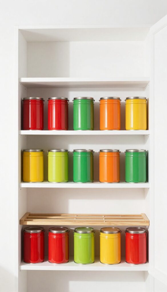 Color-coordinated cans arranged by label color on pantry shelves, creating a rainbow effect in neat groups with wire bins and risers.