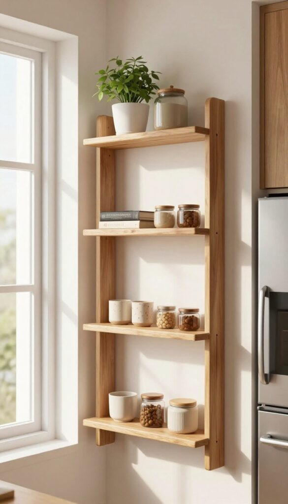 Slim wooden ladder shelf beside refrigerator with cookbooks, plant, and jars in a cozy kitchen