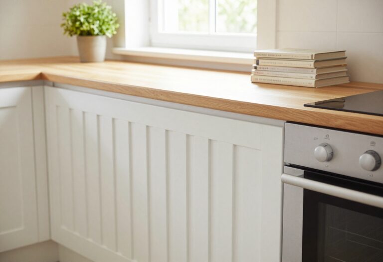 Kitchen with a slatted wood radiator cover and plant on top