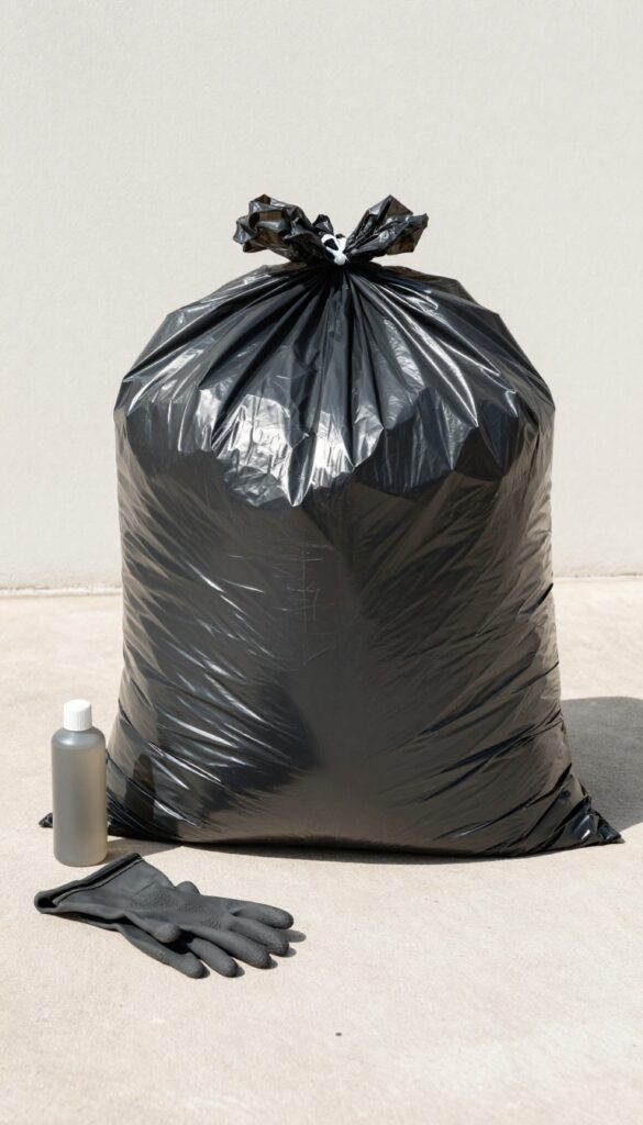 Sealed garbage bag containing oven racks with ammonia bottle and gloves on sunny patio