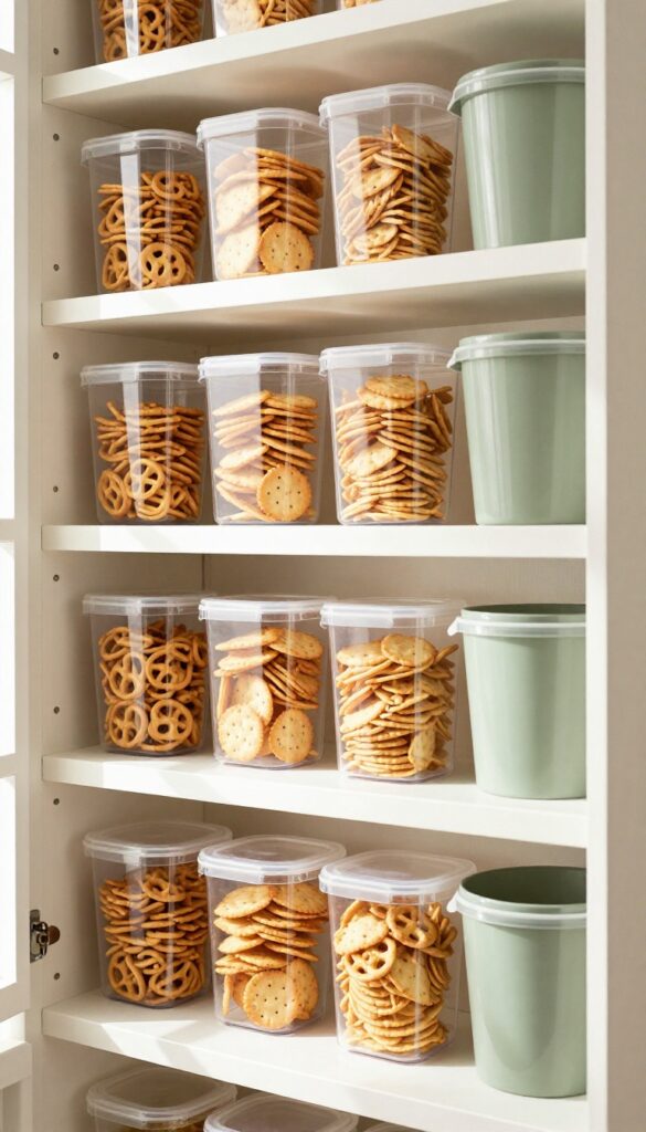 Stackable clear plastic containers with snap lids filled with snacks on a pantry shelf