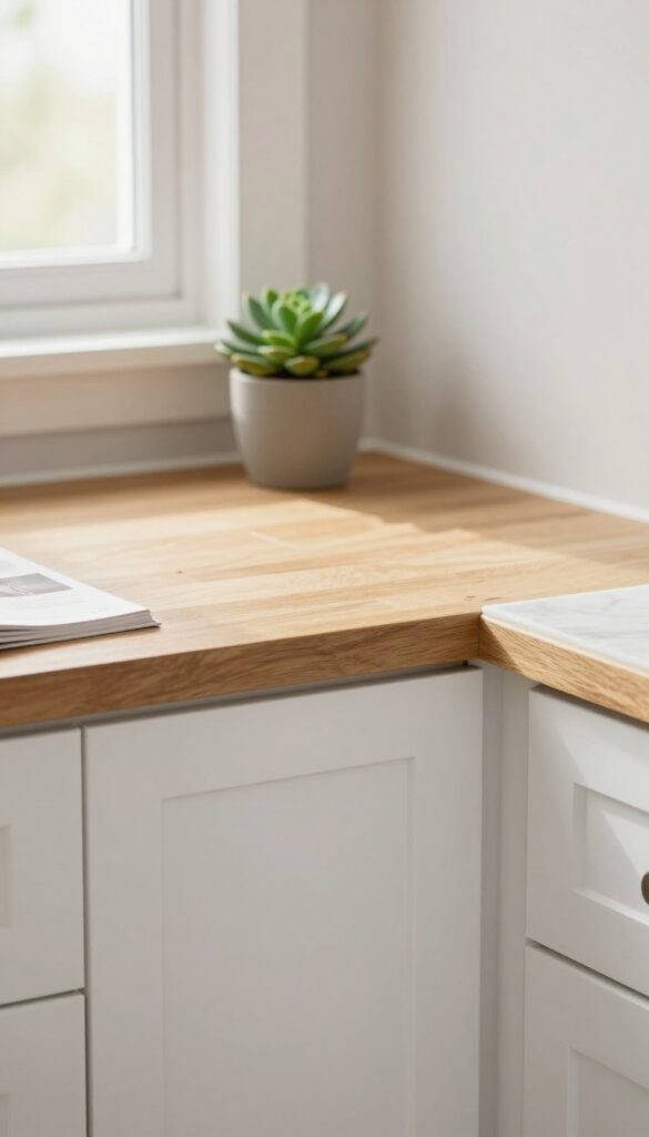 Close-up of a kitchen cabinet end with a narrow wooden cookbook ledge holding an open cookbook and a small succulent, natural light, bright and airy kitchen