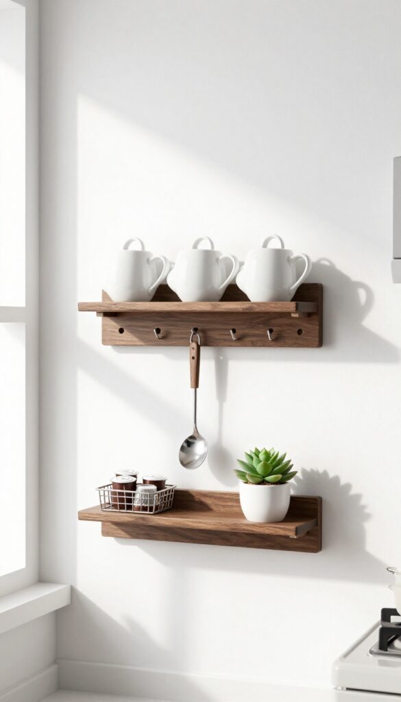 A pegboard coffee station in a small kitchen with mugs, spoons, and coffee pods organized on hooks and a shelf, with a succulent for decoration.