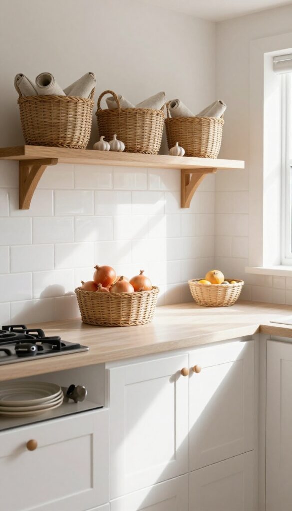 Bright kitchen with white cabinets and open shelves featuring woven seagrass baskets holding linens and produce, natural light.