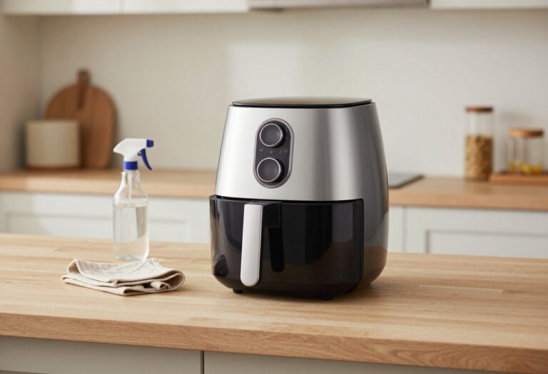 Clean air fryer on kitchen counter with cleaning supplies