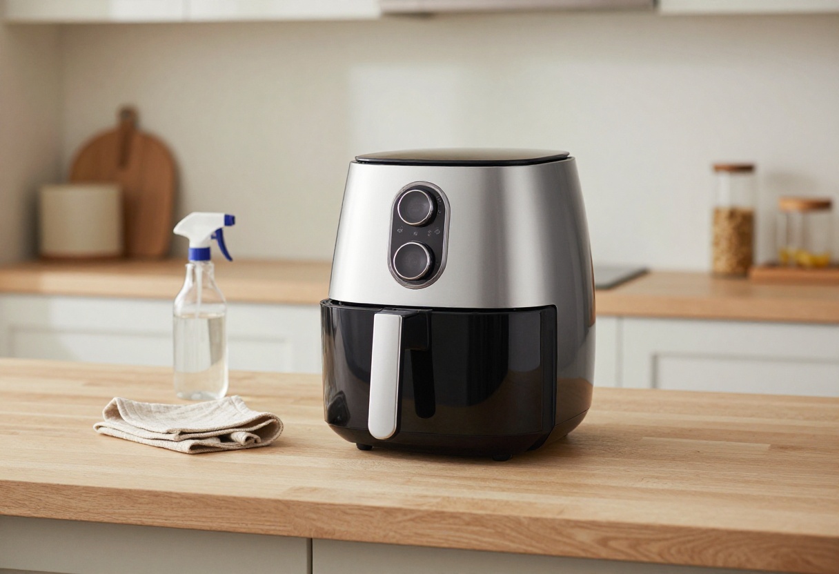 Clean air fryer on kitchen counter with cleaning supplies