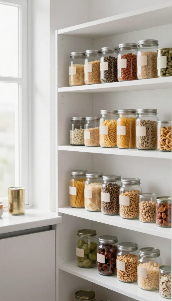 Organized pantry shelves with clear bins and jars, bright natural light.