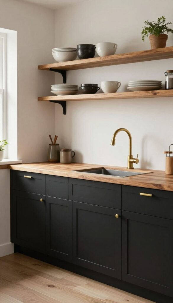 Matte black cabinets with warm wood countertop and brass accents in a bright kitchen