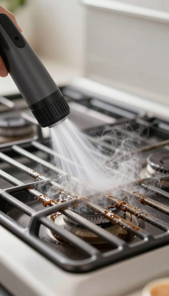 Handheld steam cleaner blasting grease off a stove burner grate in a bright kitchen