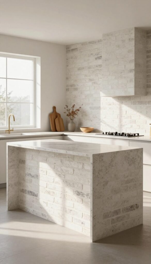 Modern kitchen island with whitewashed brick base and light quartz countertop, warm natural light, clean composition