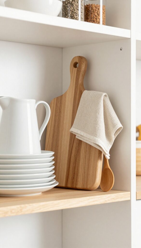 A wooden cutting board used as a shelf liner on a kitchen shelf, holding ceramic plates, a pitcher, and spice jars, with a linen towel draped over the corner.