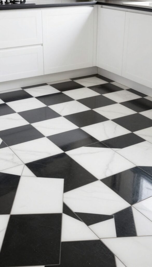 Black and white checkerboard floor tiles in a modern kitchen