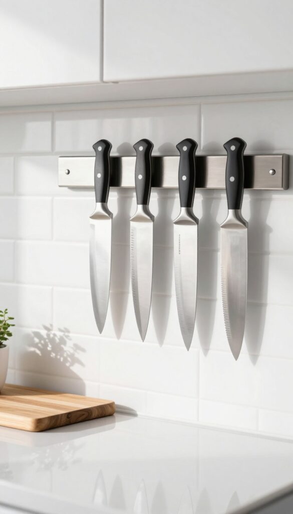Magnetic knife strip on white subway tile backsplash in a small kitchen, with knives attached and a cutting board below.