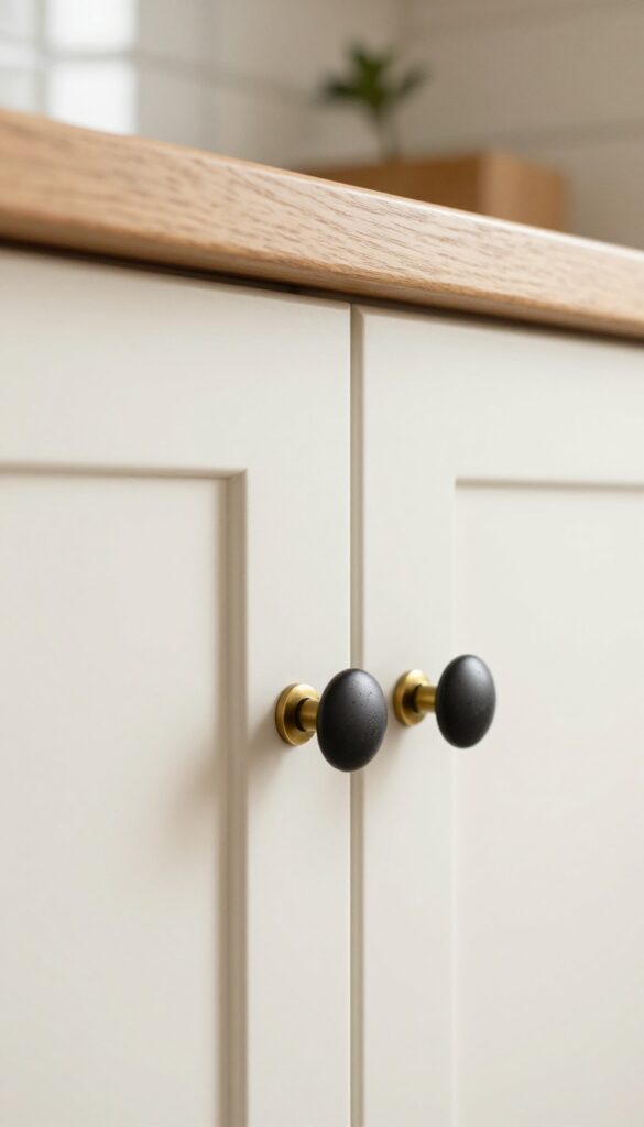 Close-up of kitchen cabinet hardware including a matte black brass cup pull, leather tab pull, and speckled ceramic knob on white and wood cabinets.