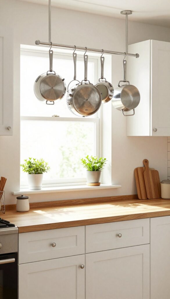 Cozy rental kitchen with hanging pot rack above island, pots and pans displayed, natural light, white cabinets and butcher block counter.