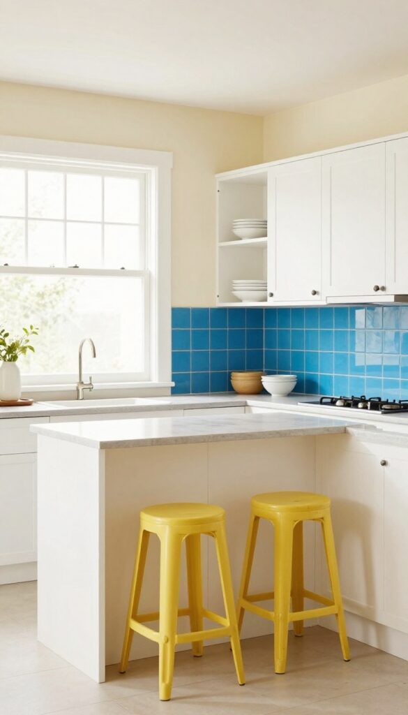 Small Indian kitchen with light cream walls, white cabinets, blue backsplash, and yellow bar stools