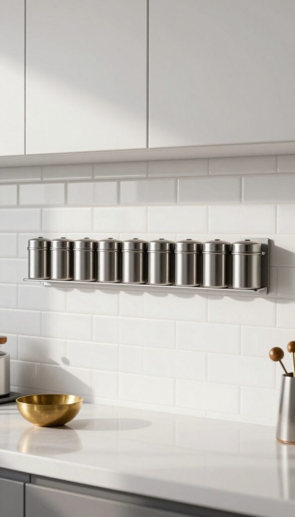 Magnetic spice rack on a tiled kitchen backsplash with stainless steel tins, modern Indian kitchen, bright natural light.