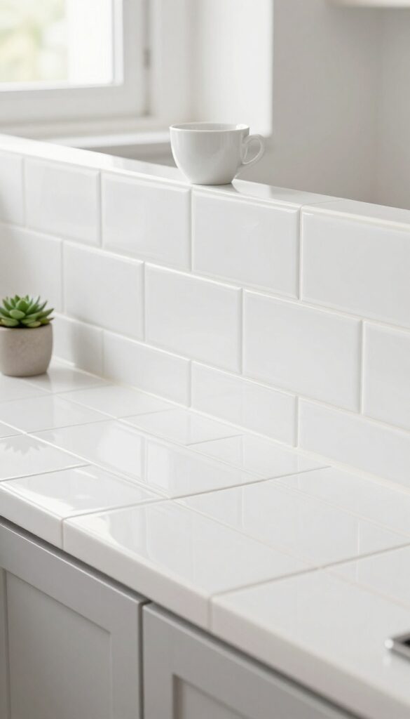 Peel-and-stick backsplash behind a kitchen counter with a coffee cup and succulent