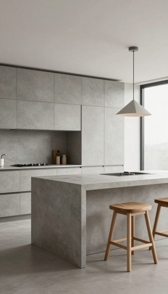 Minimalist concrete kitchen island with cantilevered seating, two wooden stools, and a pendant light