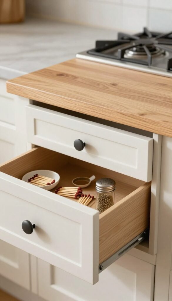 Close-up of a farmhouse kitchen hood with a slim storage drawer integrated into the trim below, holding small kitchen tools.