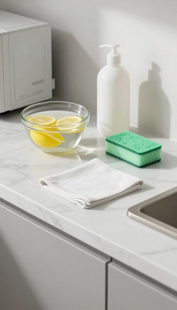 Kitchen countertop with supplies for cleaning microwave: glass bowl with water and lemon, vinegar, sponge, and microfiber cloth.