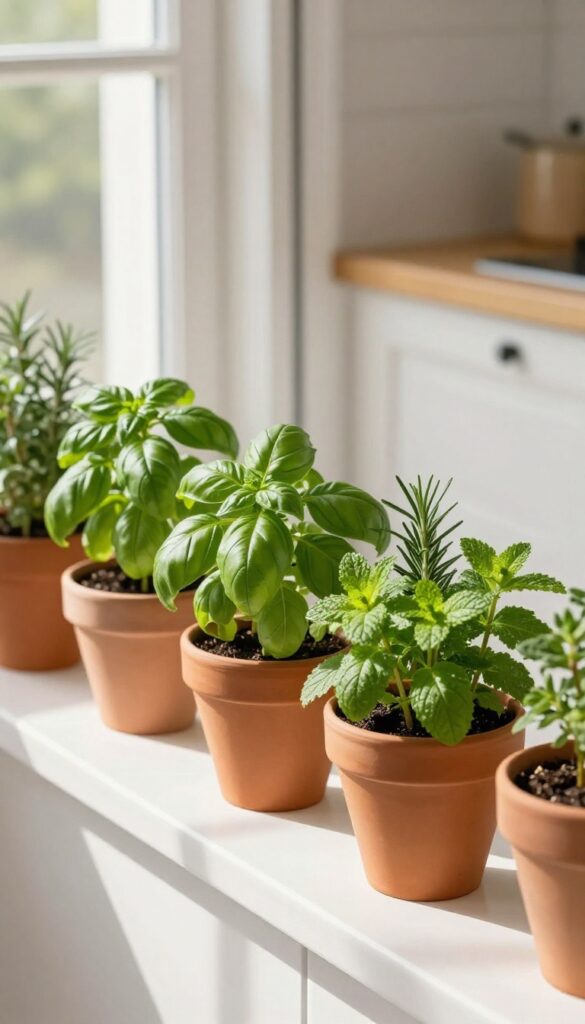 Potted herbs on a sunny kitchen windowsill
