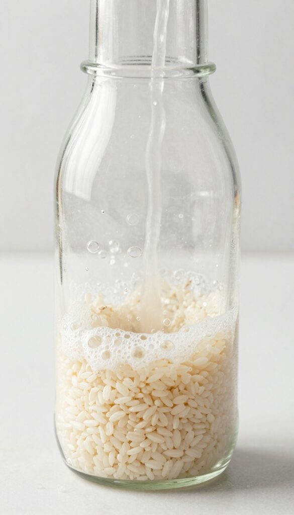 Narrow bottle being cleaned with rice and soapy water
