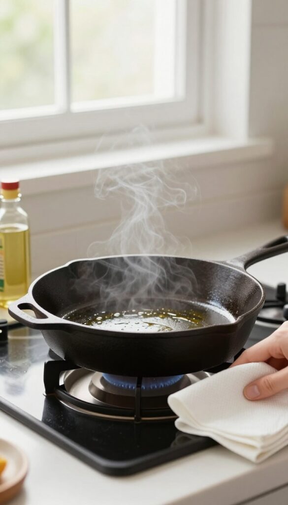 Applying a thin layer of oil to a warm cast iron skillet with a paper towel