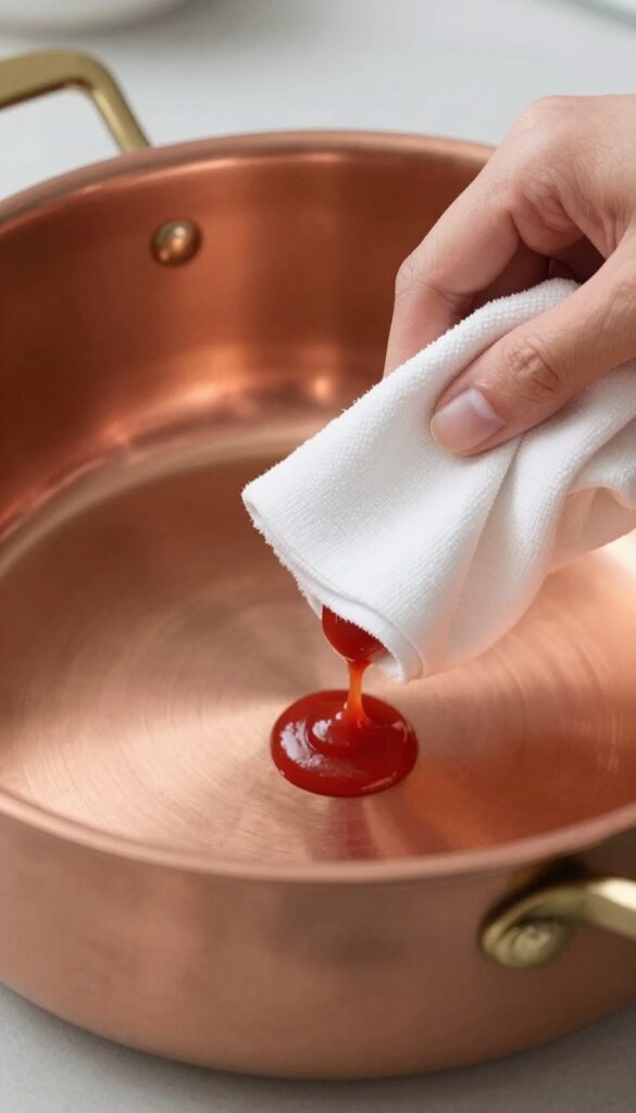 Close-up of ketchup being used to polish a copper pot, natural light, clean kitchen background