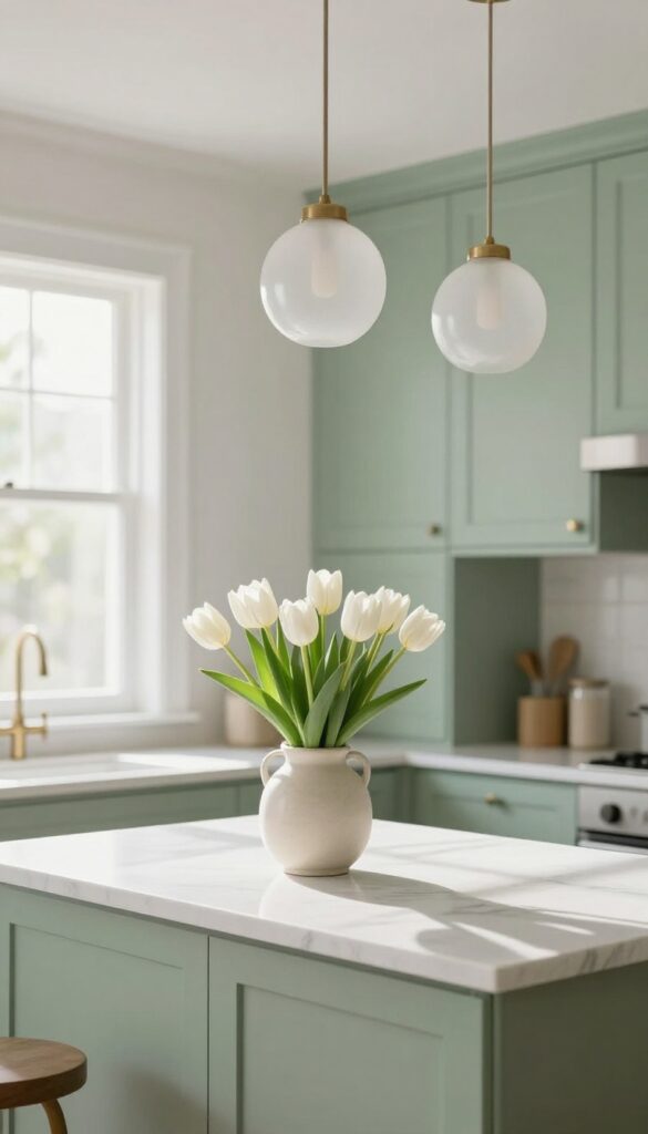 Light and airy kitchen with pale sage green cabinets, white tulips, and frosted glass pendant lights